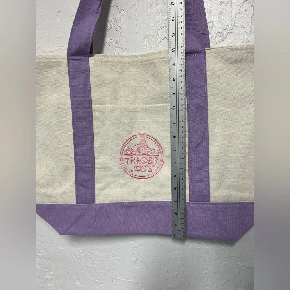 Trader Joe's Cream Lavender Purple LARGE Canvas Tote - Picture 4 of 5